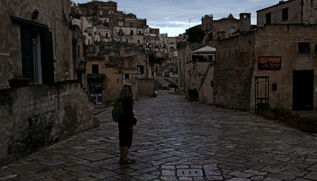 Vivien & I enter Matera at Sunrise