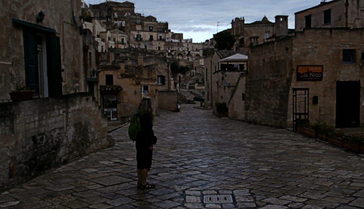 Vivien & I enter Matera at Sunrise