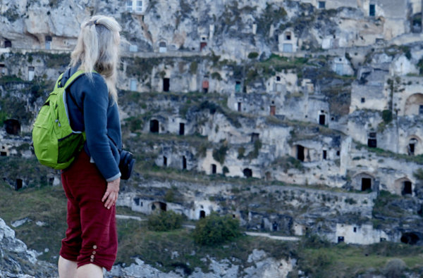 Vivien gazes at the Sasso Caveoso - Matera at Sunrise